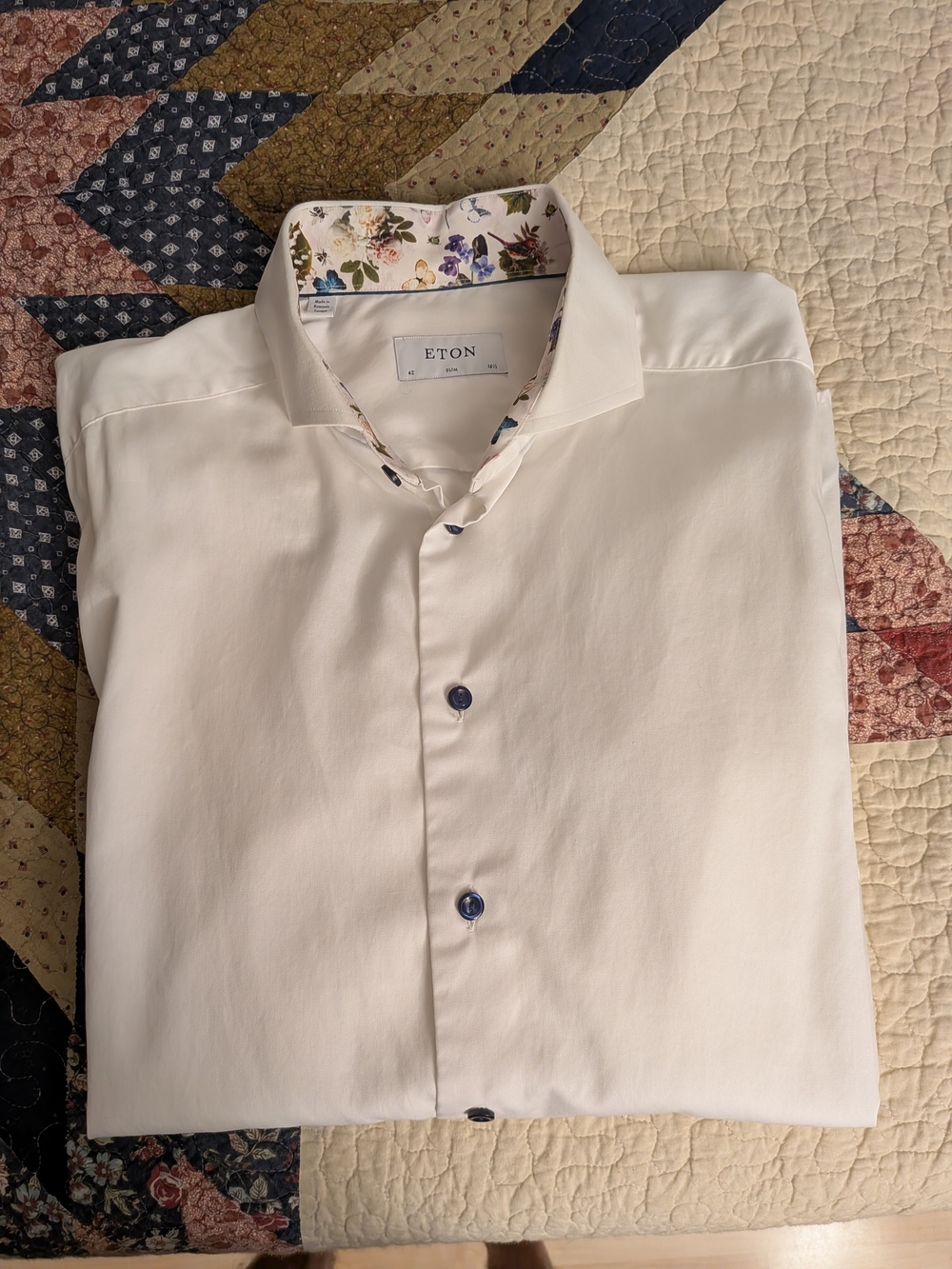 Eton Men's White Dress Shirt with Floral Trim EU 42 Neck 16.5
